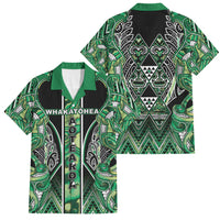 Aotearoa Whakatohea Family Matching Off The Shoulder Long Sleeve Dress and Hawaiian Shirt Maori Tribal Green Abalone Paua Shell Pattern DT05 Dad's Shirt - Short Sleeve Green - Polynesian Pride