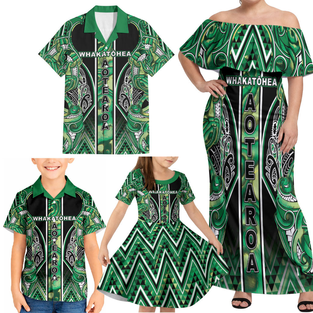 Aotearoa Whakatohea Family Matching Off Shoulder Maxi Dress and Hawaiian Shirt Maori Tribal Green Abalone Paua Shell Pattern