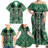 Aotearoa Whakatohea Family Matching Off Shoulder Maxi Dress and Hawaiian Shirt Maori Tribal Green Abalone Paua Shell Pattern DT05 - Polynesian Pride