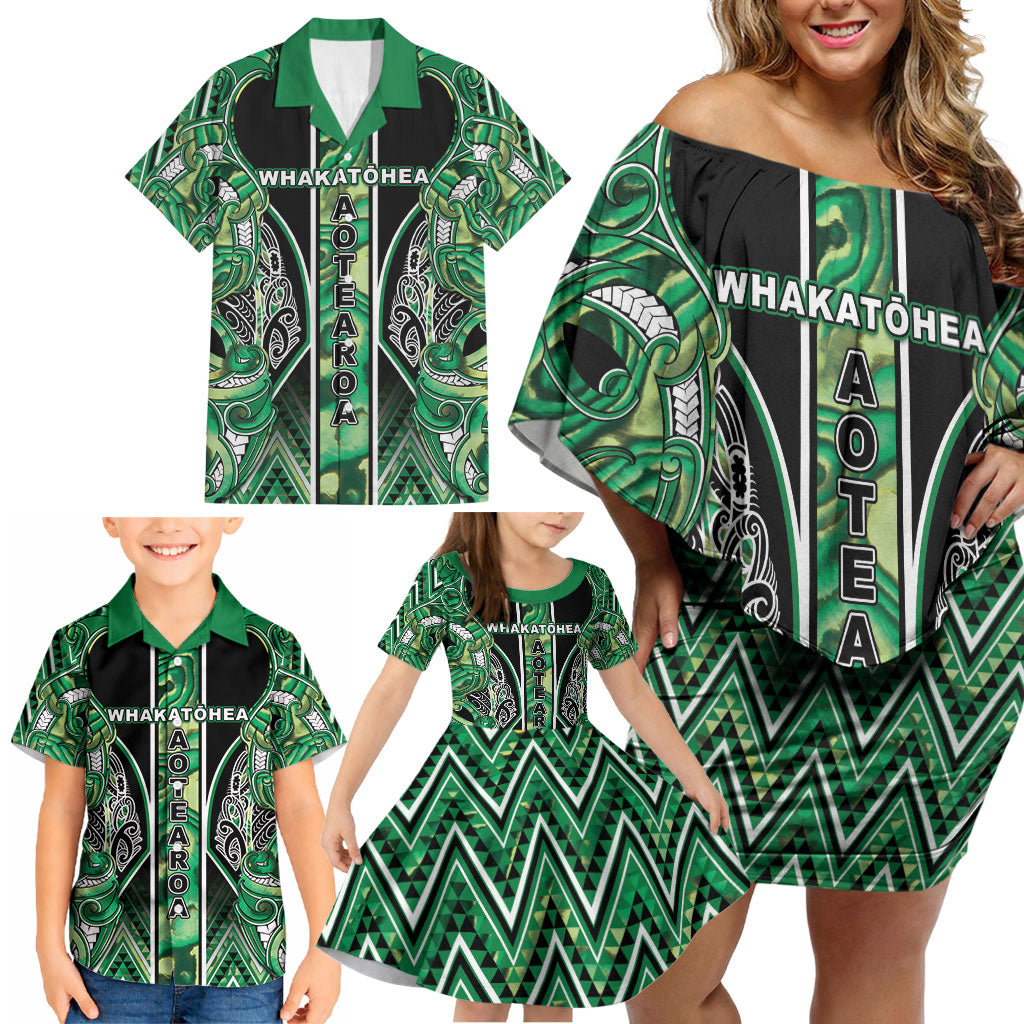 Aotearoa Whakatohea Family Matching Off Shoulder Short Dress and Hawaiian Shirt Maori Tribal Green Abalone Paua Shell Pattern