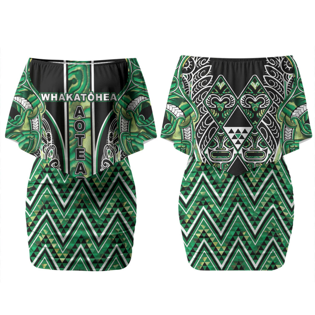 Aotearoa Whakatohea Family Matching Off Shoulder Short Dress and Hawaiian Shirt Maori Tribal Green Abalone Paua Shell Pattern DT05 Mom's Dress Green - Polynesian Pride