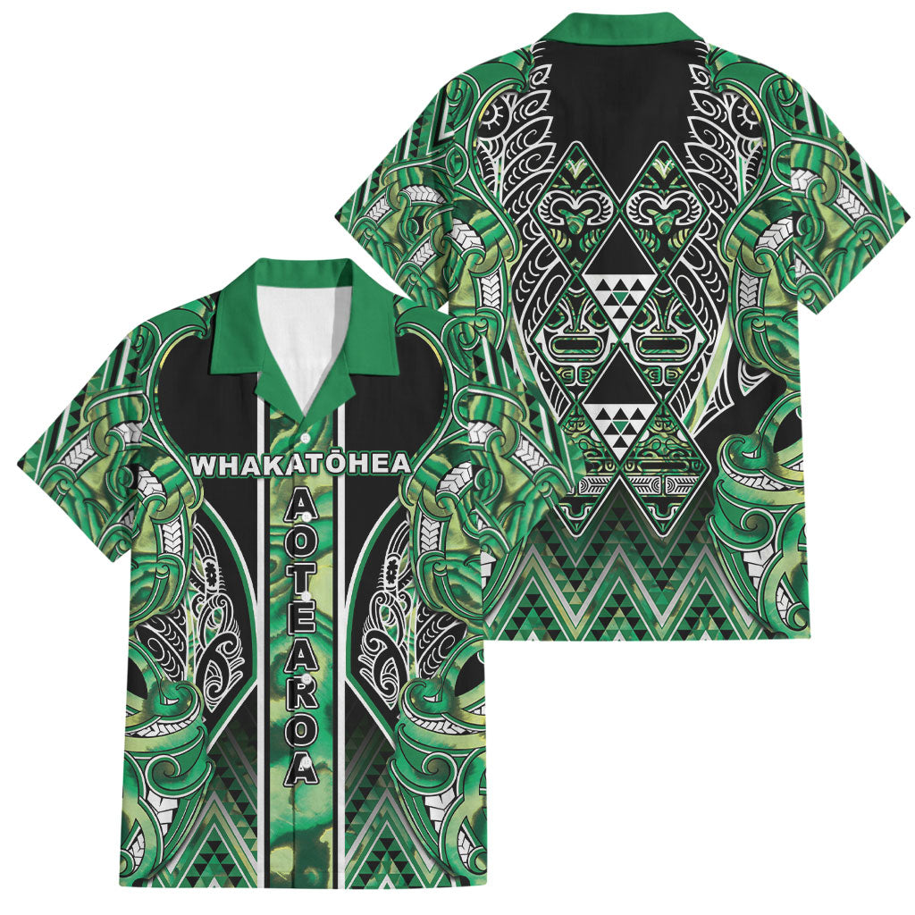 Aotearoa Whakatohea Family Matching Off Shoulder Short Dress and Hawaiian Shirt Maori Tribal Green Abalone Paua Shell Pattern DT05 Dad's Shirt - Short Sleeve Green - Polynesian Pride