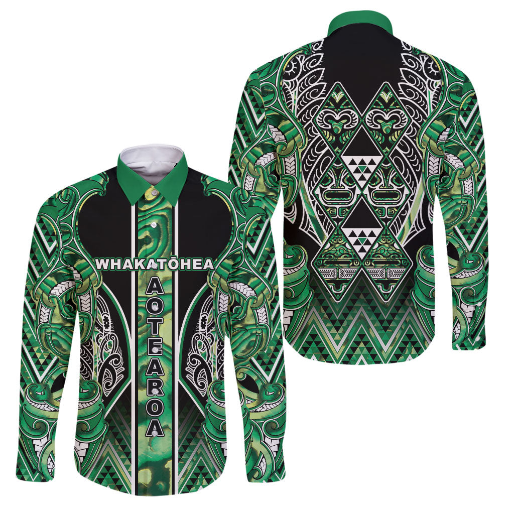 Aotearoa Whakatohea Family Matching Off Shoulder Short Dress and Hawaiian Shirt Maori Tribal Green Abalone Paua Shell Pattern DT05 Dad's Shirt - Long Sleeve Green - Polynesian Pride