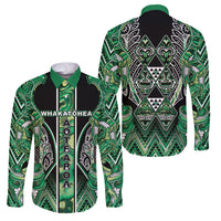 Aotearoa Whakatohea Family Matching Off Shoulder Short Dress and Hawaiian Shirt Maori Tribal Green Abalone Paua Shell Pattern DT05 Dad's Shirt - Long Sleeve Green - Polynesian Pride