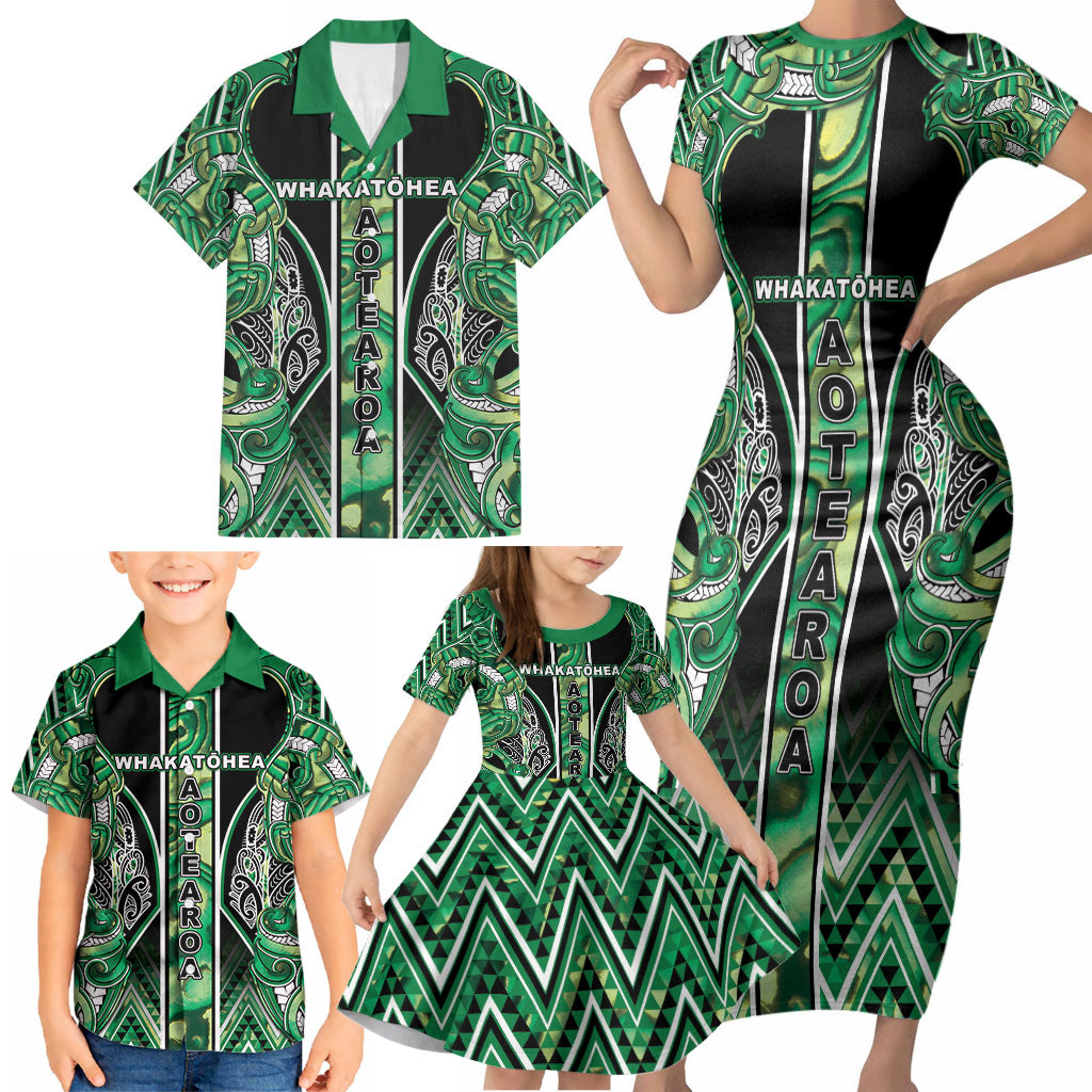 Aotearoa Whakatohea Family Matching Short Sleeve Bodycon Dress and Hawaiian Shirt Maori Tribal Green Abalone Paua Shell Pattern