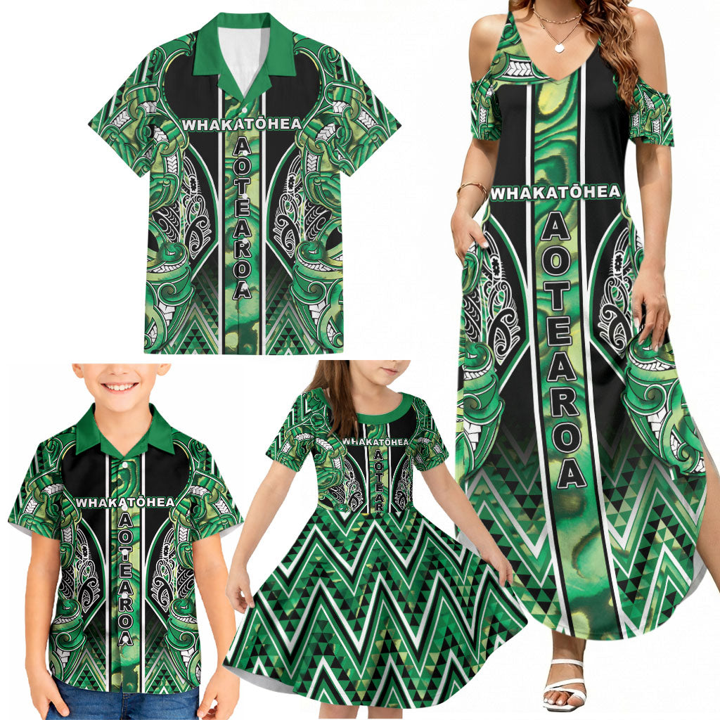 Aotearoa Whakatohea Family Matching Summer Maxi Dress and Hawaiian Shirt Maori Tribal Green Abalone Paua Shell Pattern