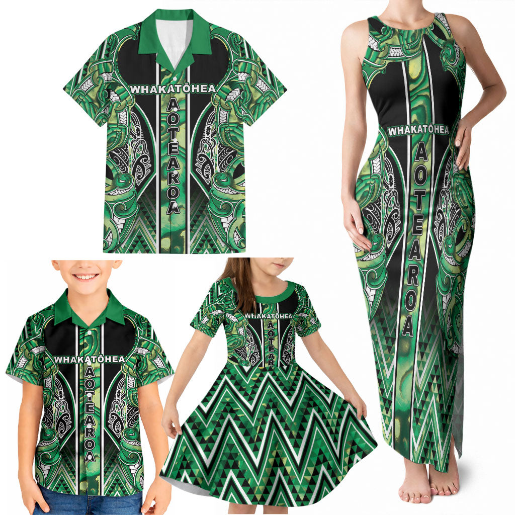 Aotearoa Whakatohea Family Matching Tank Maxi Dress and Hawaiian Shirt Maori Tribal Green Abalone Paua Shell Pattern