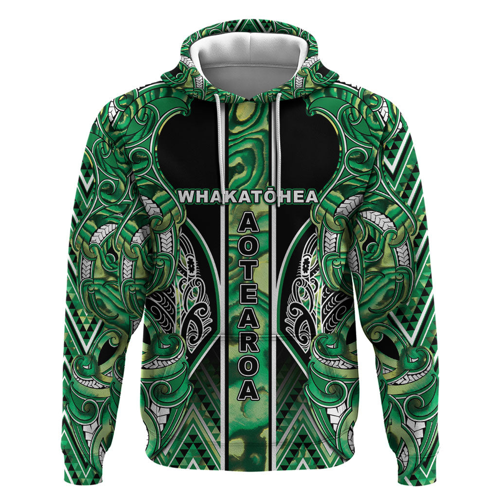 Aotearoa Whakatohea Hoodie Maori Tribal Green Abalone Paua Shell Pattern