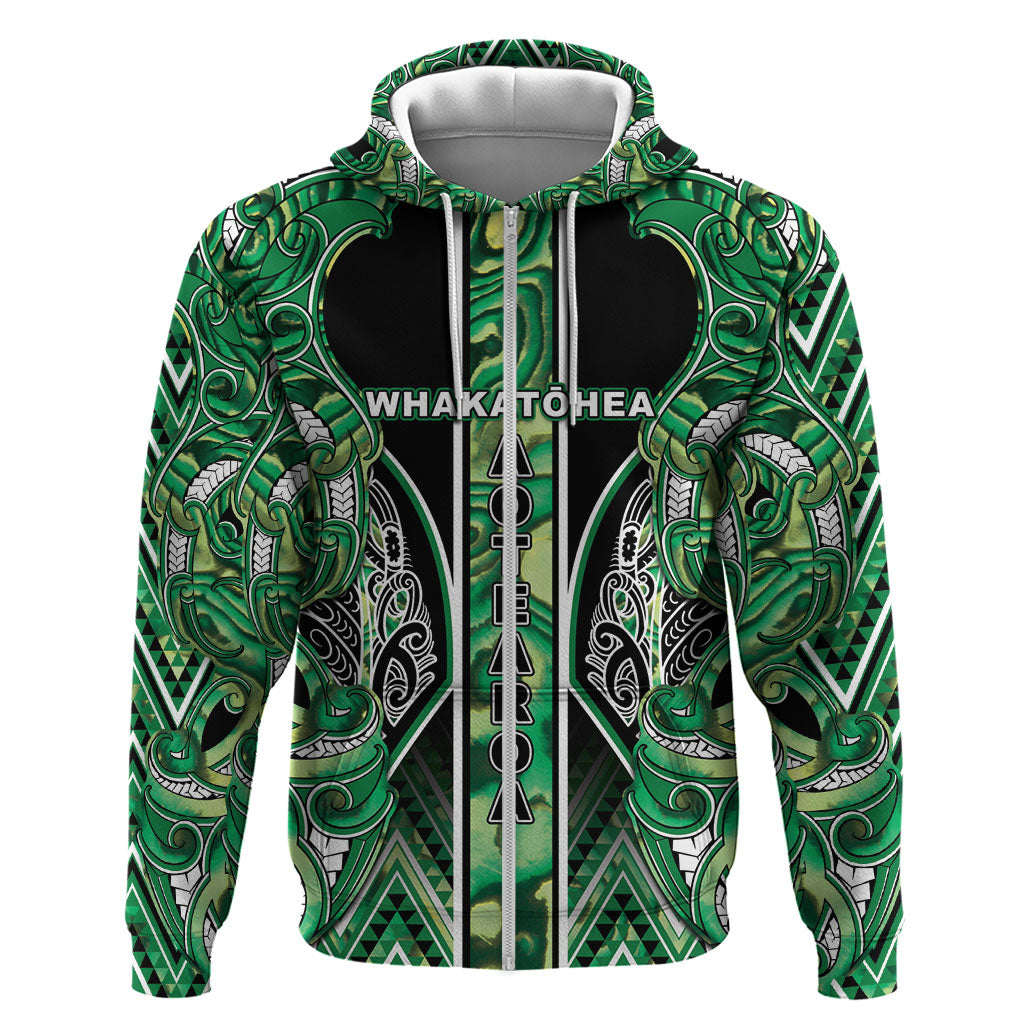 Aotearoa Whakatohea Hoodie Maori Tribal Green Abalone Paua Shell Pattern DT05 Zip Hoodie Green - Polynesian Pride