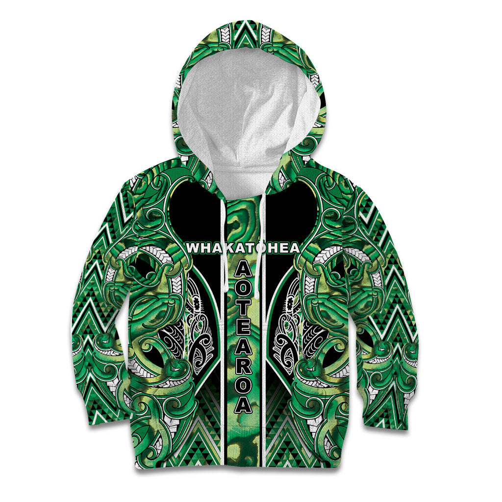 Aotearoa Whakatohea Kid Hoodie Maori Tribal Green Abalone Paua Shell Pattern