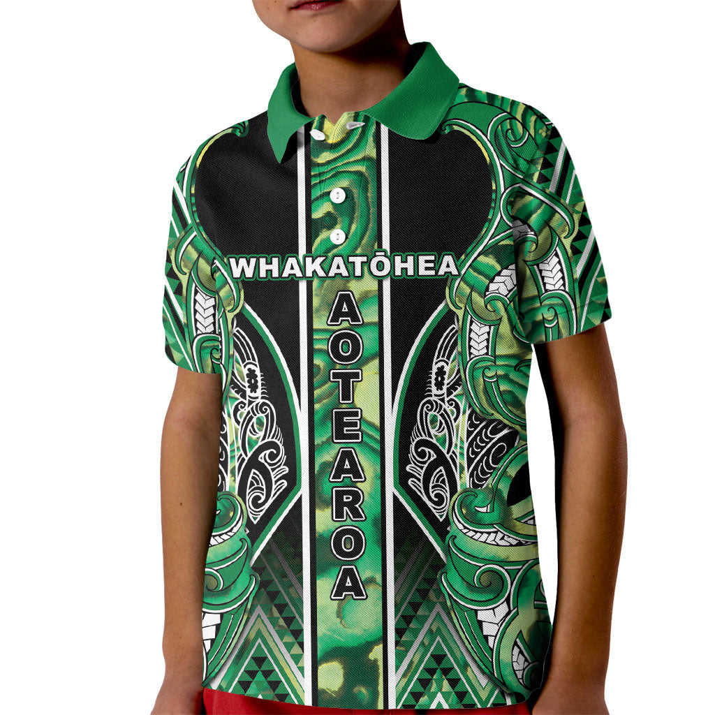 Aotearoa Whakatohea Kid Polo Shirt Maori Tribal Green Abalone Paua Shell Pattern