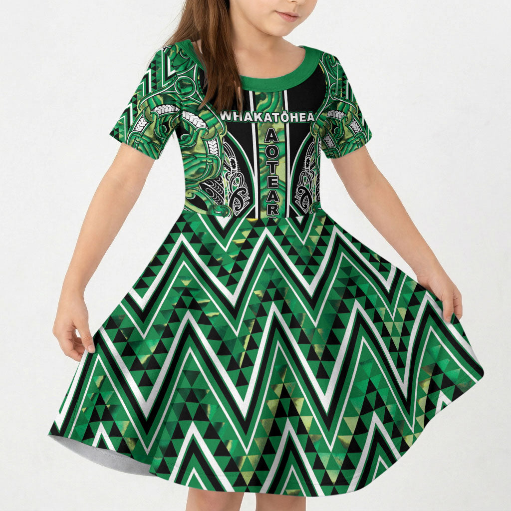Aotearoa Whakatohea Kid Short Sleeve Dress Maori Tribal Green Abalone Paua Shell Pattern