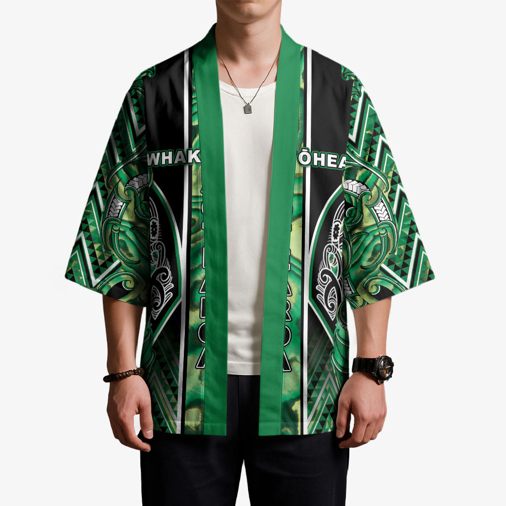 Aotearoa Whakatohea Kimono Maori Tribal Green Abalone Paua Shell Pattern DT05 - Polynesian Pride