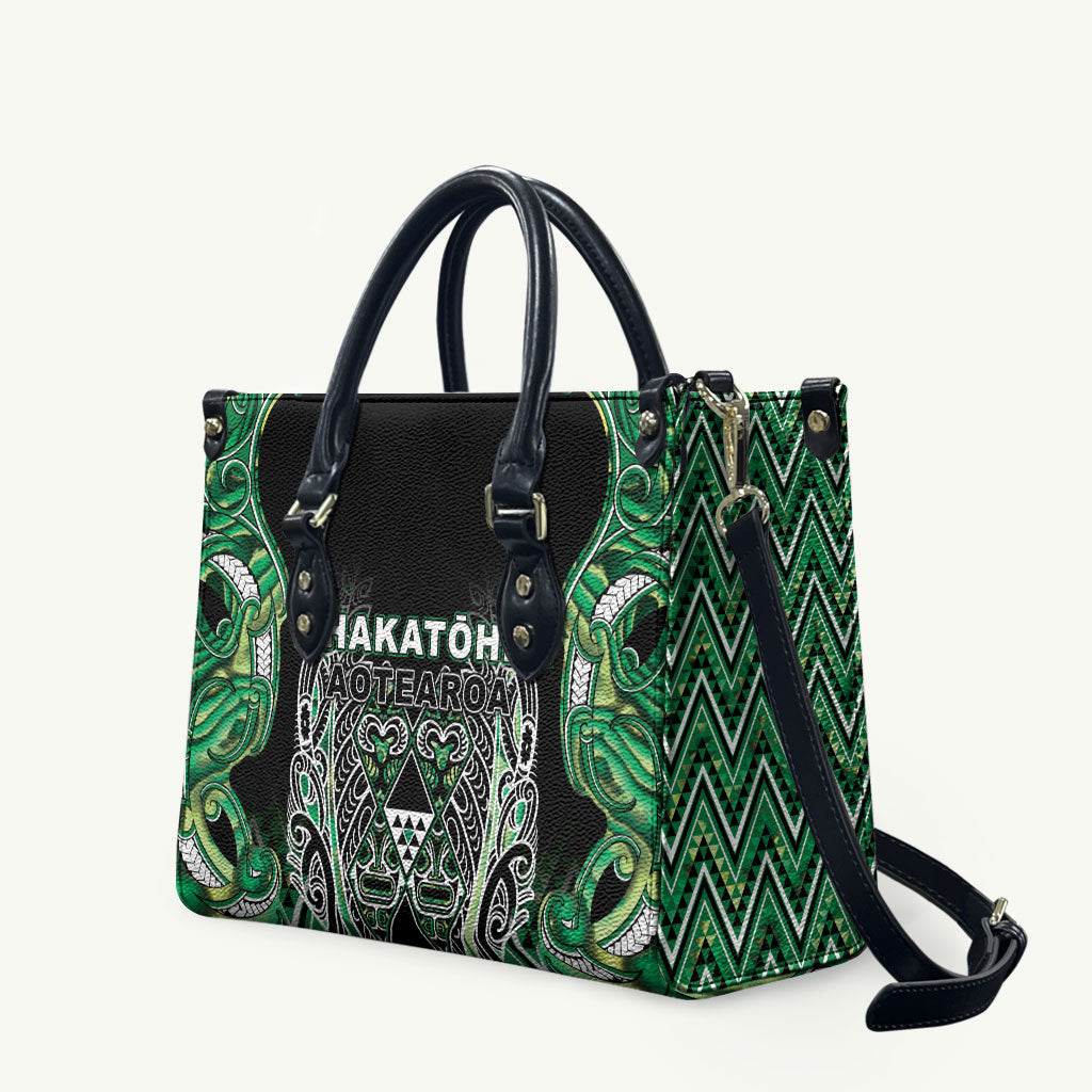 Aotearoa Whakatohea Leather Bag Maori Tribal Green Abalone Paua Shell Pattern