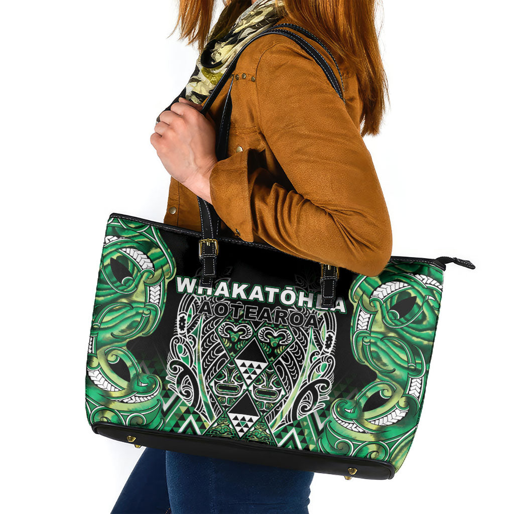 Aotearoa Whakatohea Leather Tote Bag Maori Tribal Green Abalone Paua Shell Pattern