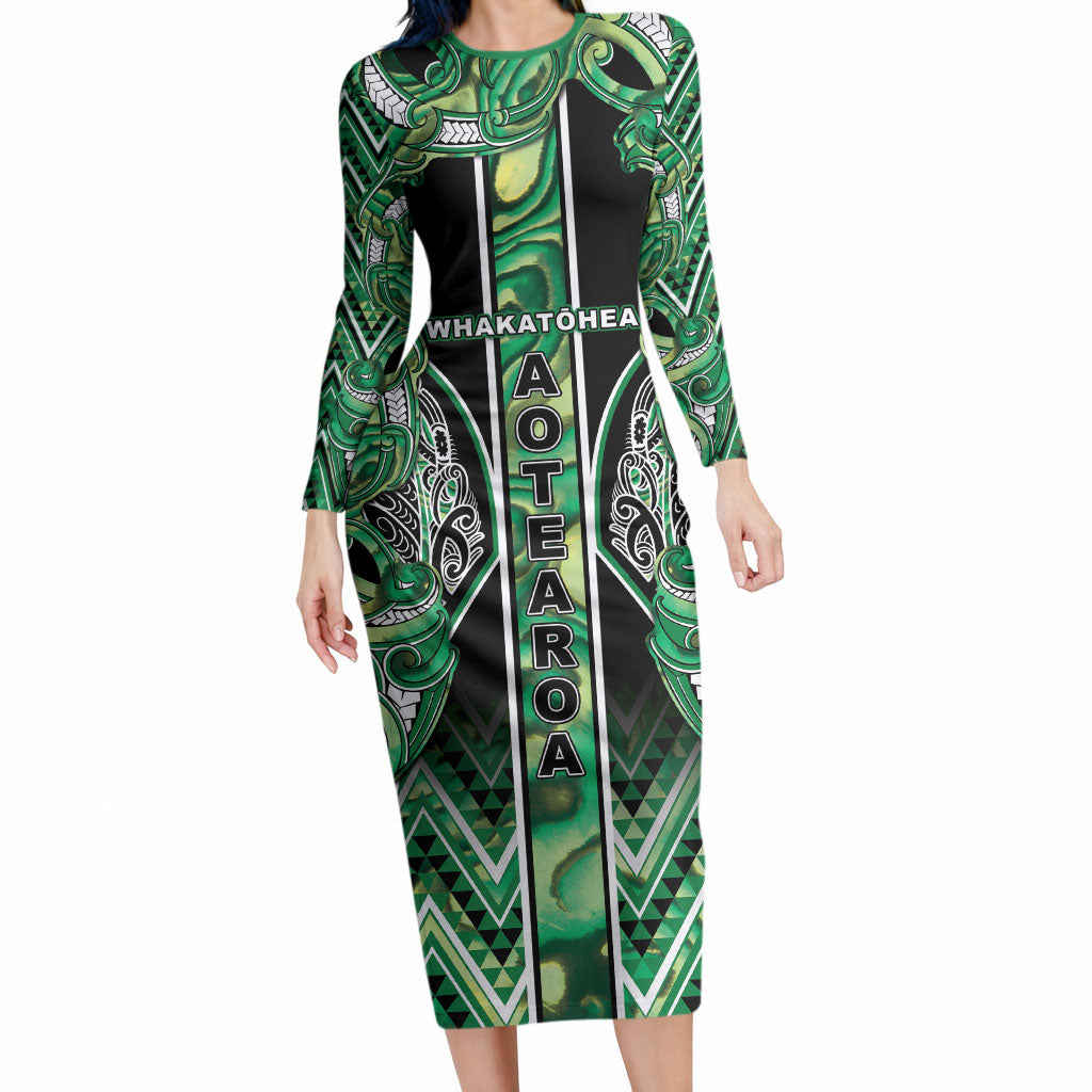 Aotearoa Whakatohea Long Sleeve Bodycon Dress Maori Tribal Green Abalone Paua Shell Pattern