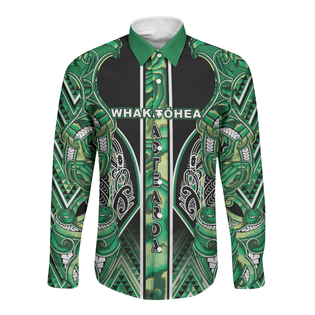 Aotearoa Whakatohea Long Sleeve Button Shirt Maori Tribal Green Abalone Paua Shell Pattern