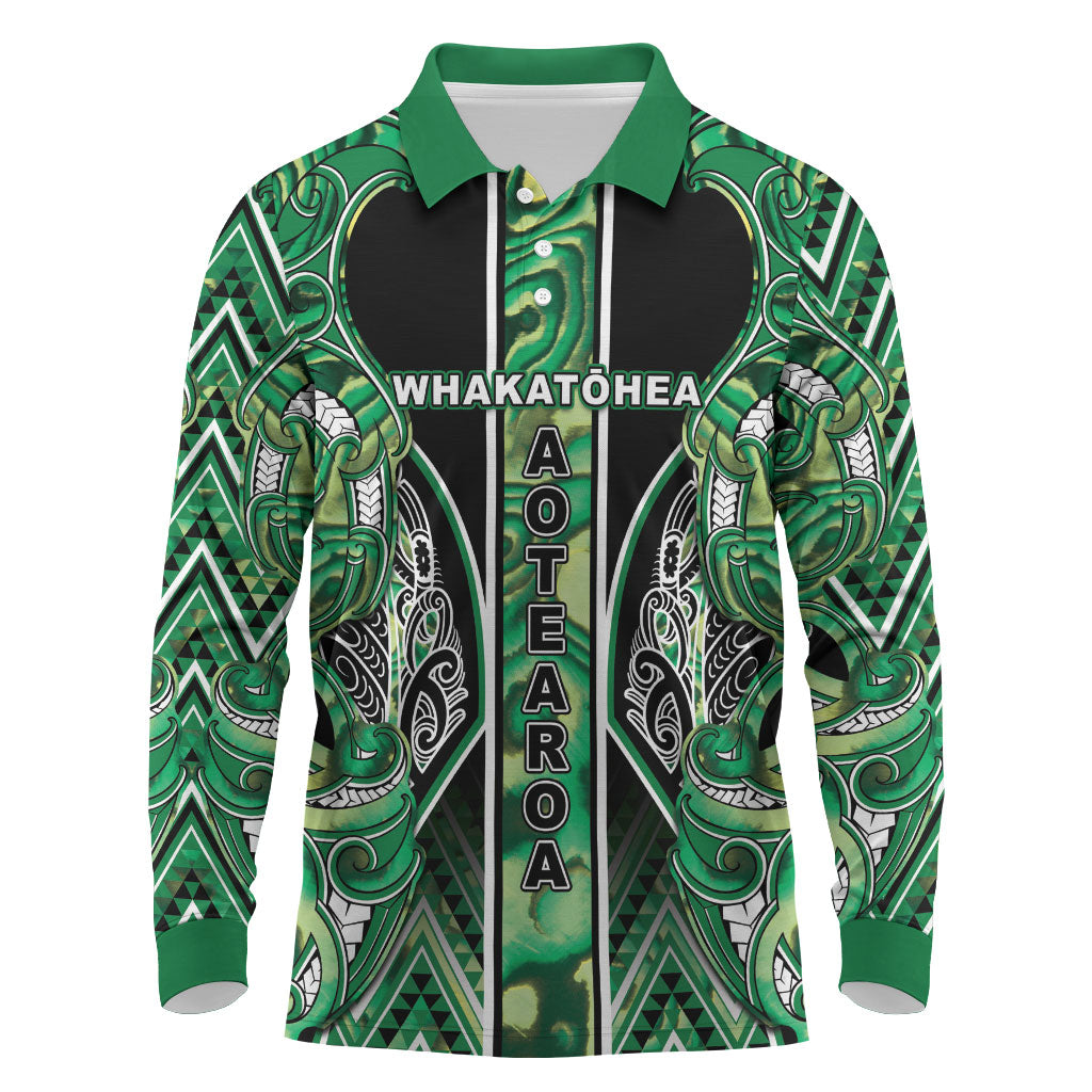 Aotearoa Whakatohea Long Sleeve Polo Shirt Maori Tribal Green Abalone Paua Shell Pattern