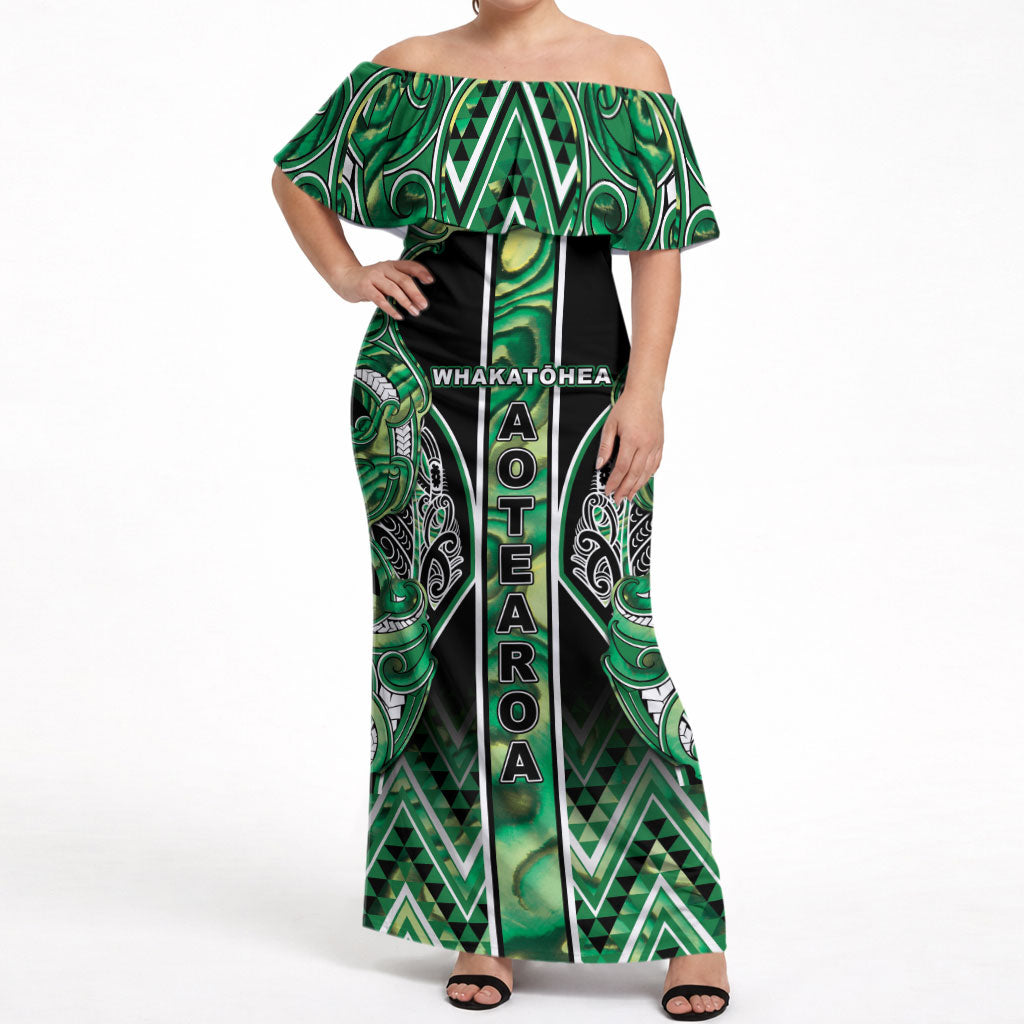 Aotearoa Whakatohea Off Shoulder Maxi Dress Maori Tribal Green Abalone Paua Shell Pattern