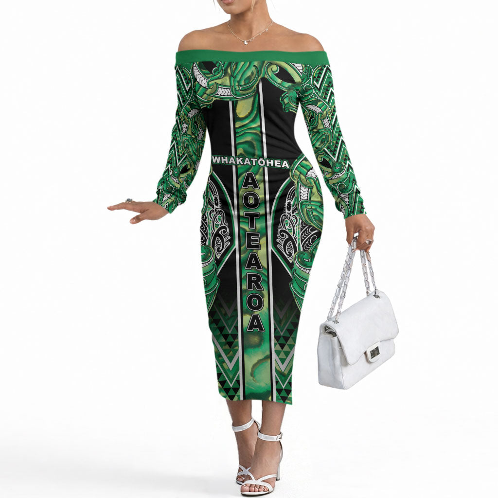 Aotearoa Whakatohea Off The Shoulder Long Sleeve Dress Maori Tribal Green Abalone Paua Shell Pattern