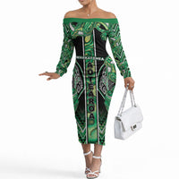 Aotearoa Whakatohea Off The Shoulder Long Sleeve Dress Maori Tribal Green Abalone Paua Shell Pattern DT05 Women Green - Polynesian Pride