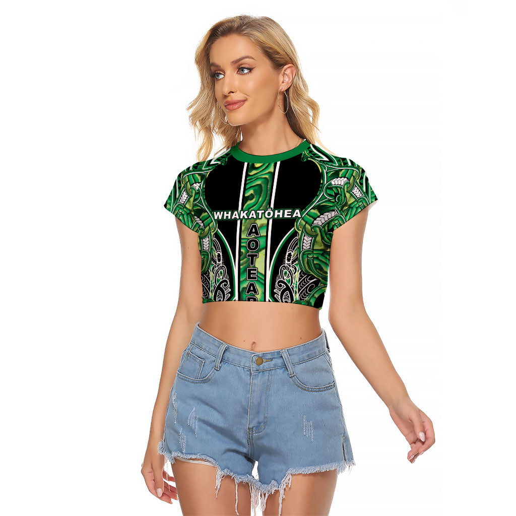 Aotearoa Whakatohea Raglan Cropped T Shirt Maori Tribal Green Abalone Paua Shell Pattern