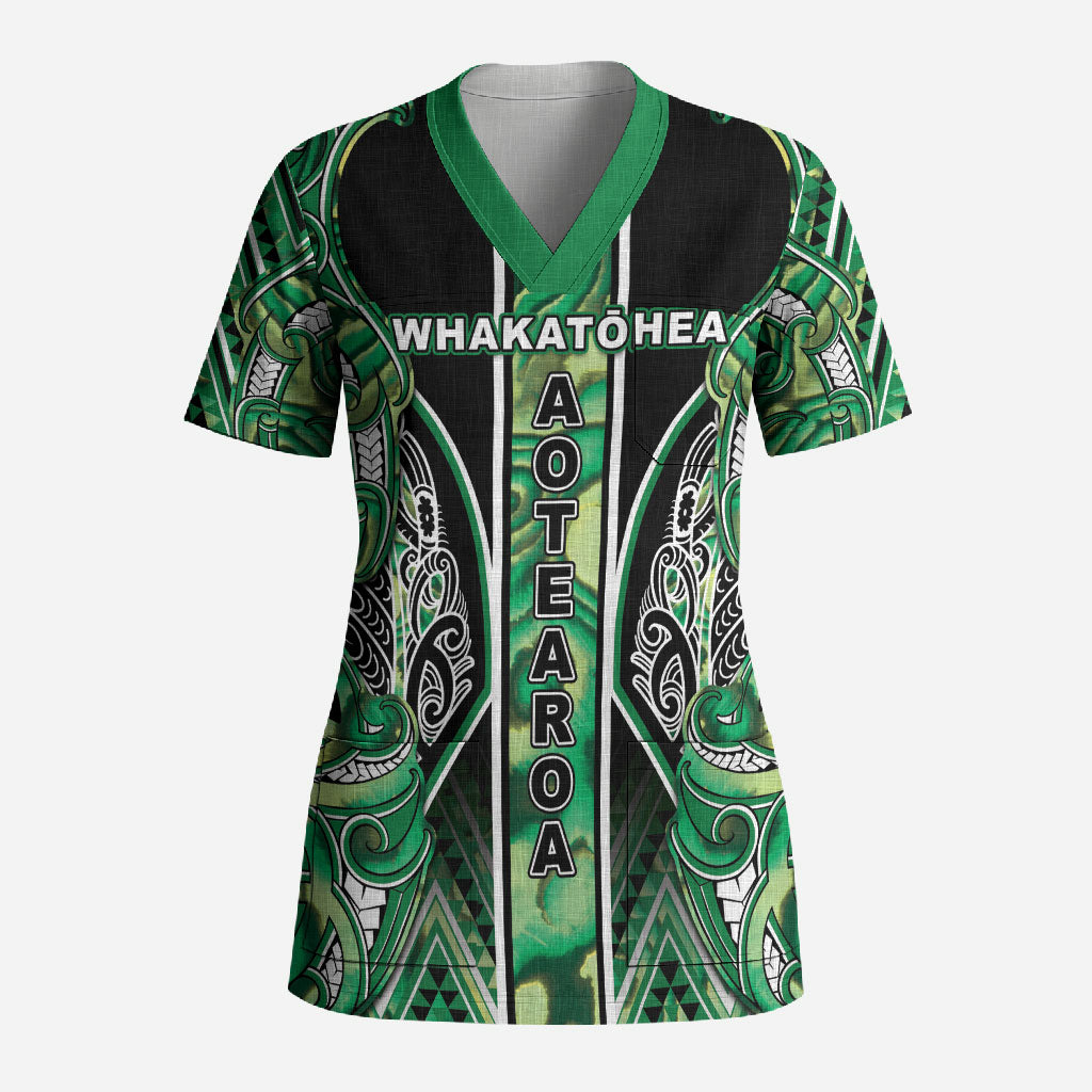 Aotearoa Whakatohea Scrub Top Maori Tribal Green Abalone Paua Shell Pattern