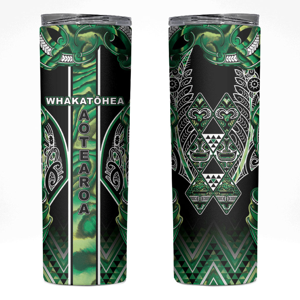 Aotearoa Whakatohea Skinny Tumbler Maori Tribal Green Abalone Paua Shell Pattern