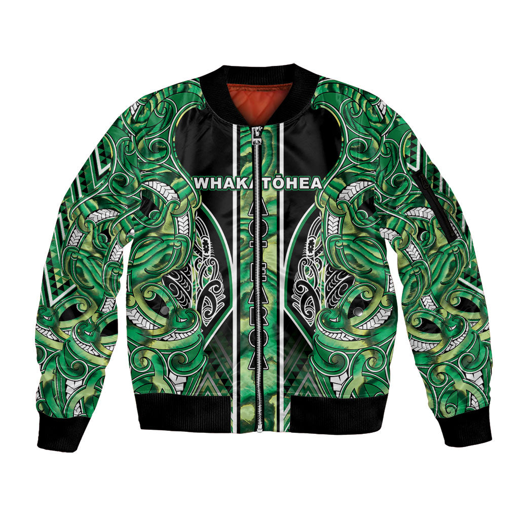Aotearoa Whakatohea Sleeve Zip Bomber Jacket Maori Tribal Green Abalone Paua Shell Pattern