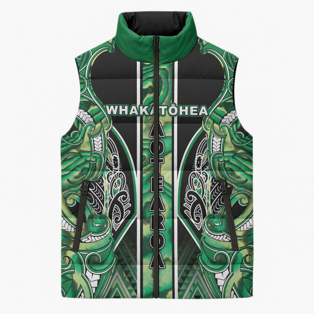 Aotearoa Whakatohea Sleeveless Puffer Jacket Maori Tribal Green Abalone Paua Shell Pattern