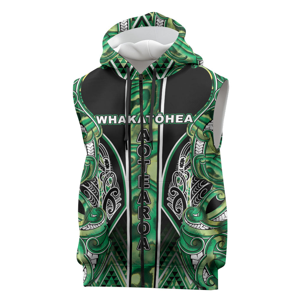 Aotearoa Whakatohea Sleeveless Zip Hoodie Maori Tribal Green Abalone Paua Shell Pattern