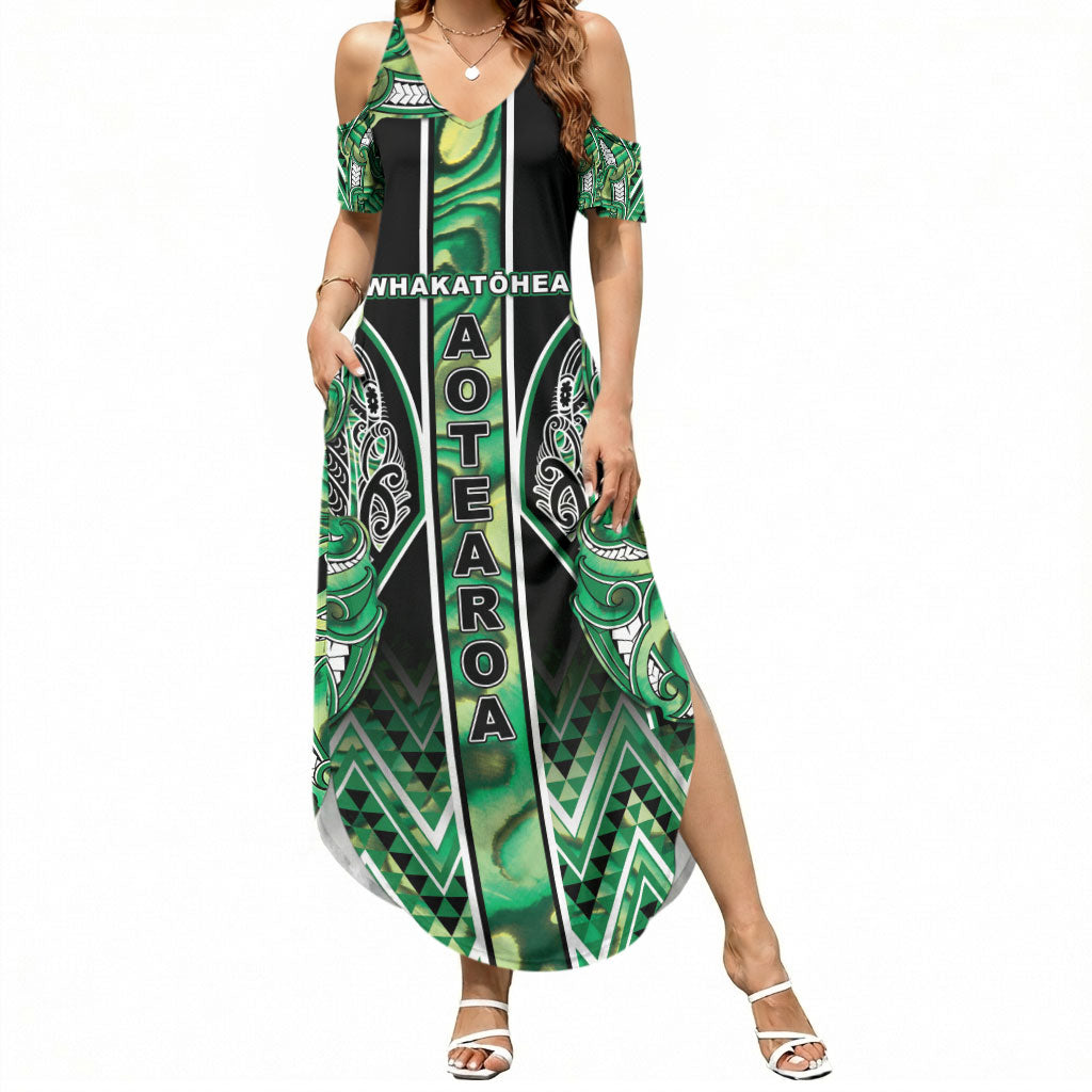 Aotearoa Whakatohea Summer Maxi Dress Maori Tribal Green Abalone Paua Shell Pattern