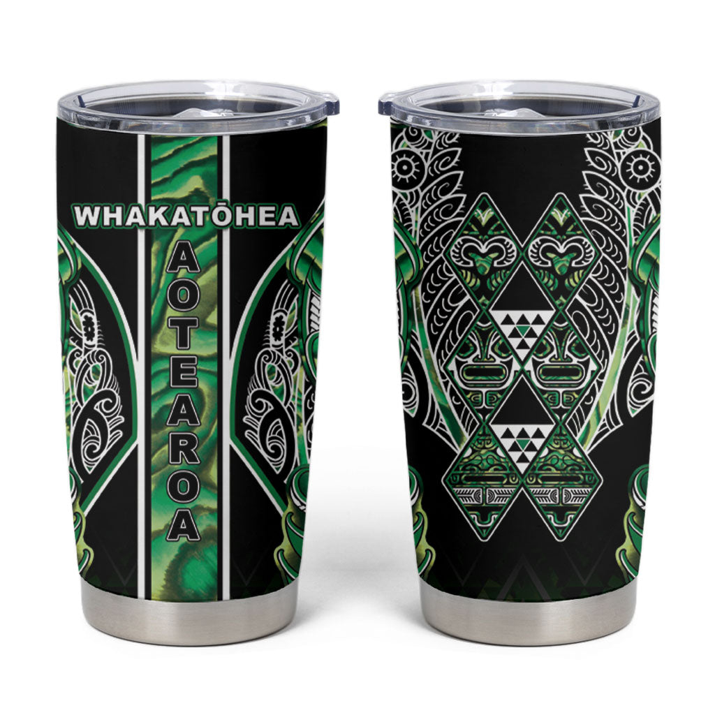 Aotearoa Whakatohea Tumbler Cup Maori Tribal Green Abalone Paua Shell Pattern