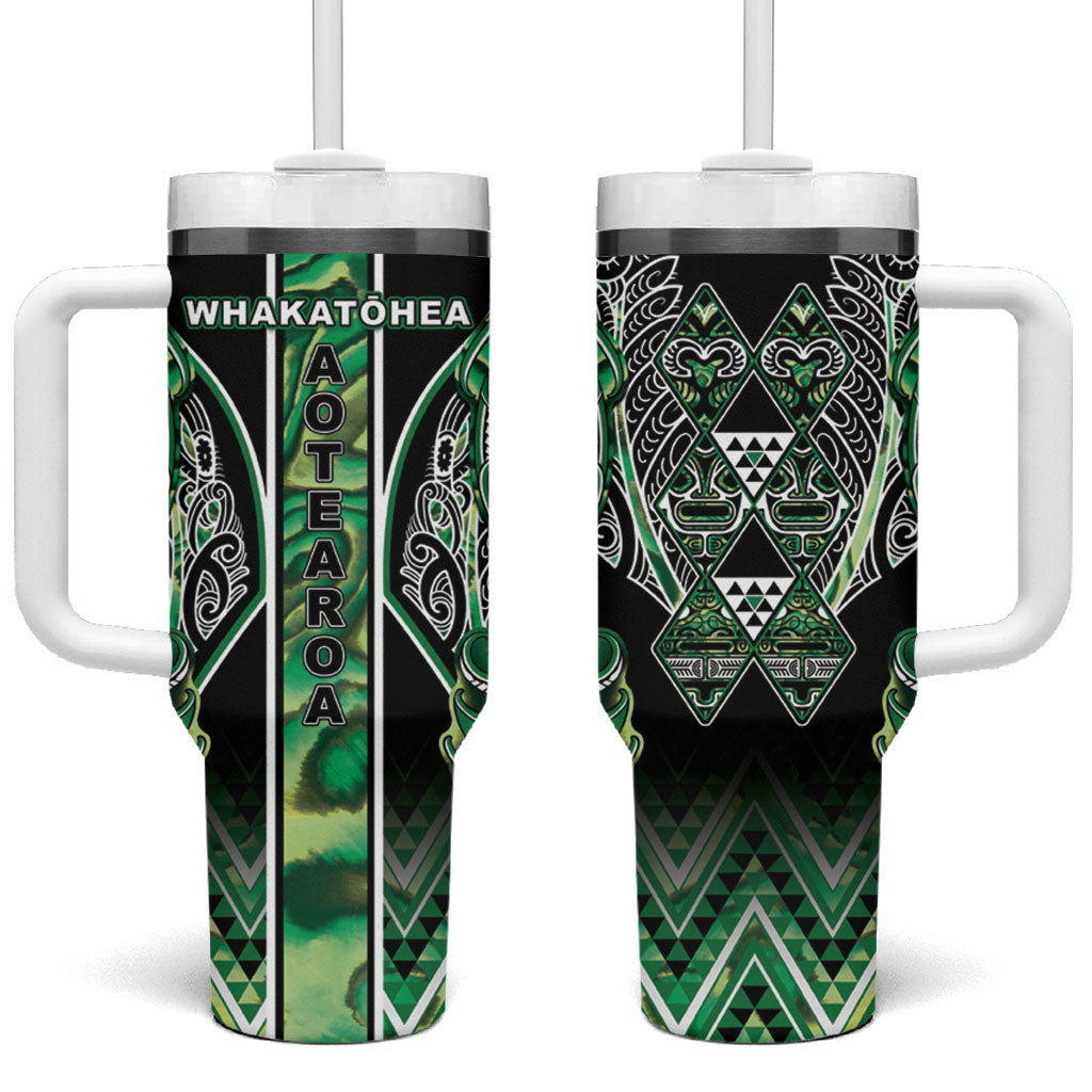 Aotearoa Whakatohea Tumbler With Handle Maori Tribal Green Abalone Paua Shell Pattern
