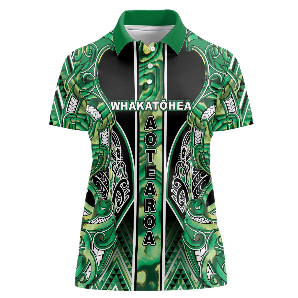 Aotearoa Whakatohea Women Polo Shirt Maori Tribal Green Abalone Paua Shell Pattern