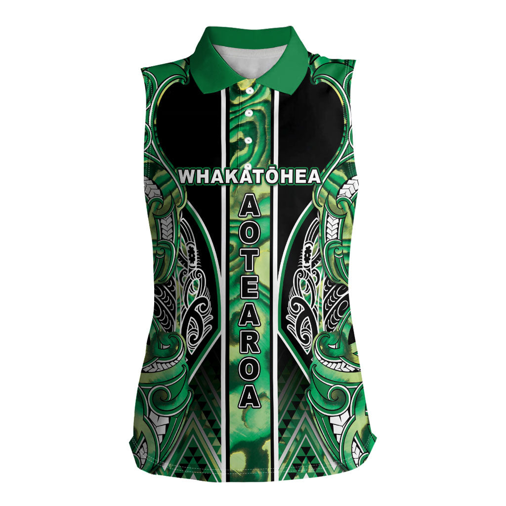 Aotearoa Whakatohea Women Sleeveless Polo Shirt Maori Tribal Green Abalone Paua Shell Pattern