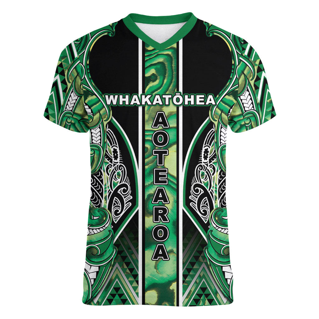 Aotearoa Whakatohea Women V-Neck T-Shirt Maori Tribal Green Abalone Paua Shell Pattern DT05 Female Green - Polynesian Pride