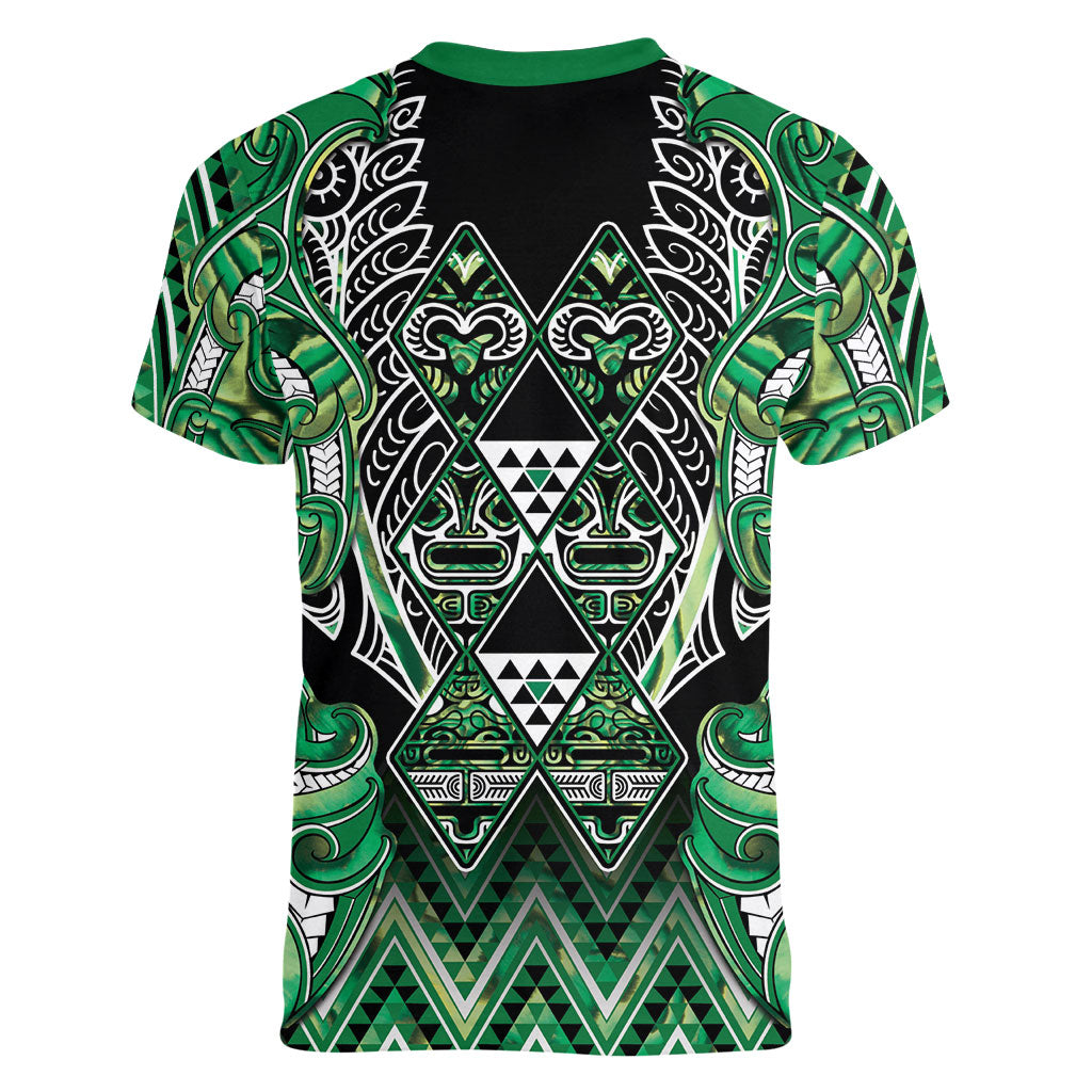 Aotearoa Whakatohea Women V-Neck T-Shirt Maori Tribal Green Abalone Paua Shell Pattern DT05 - Polynesian Pride