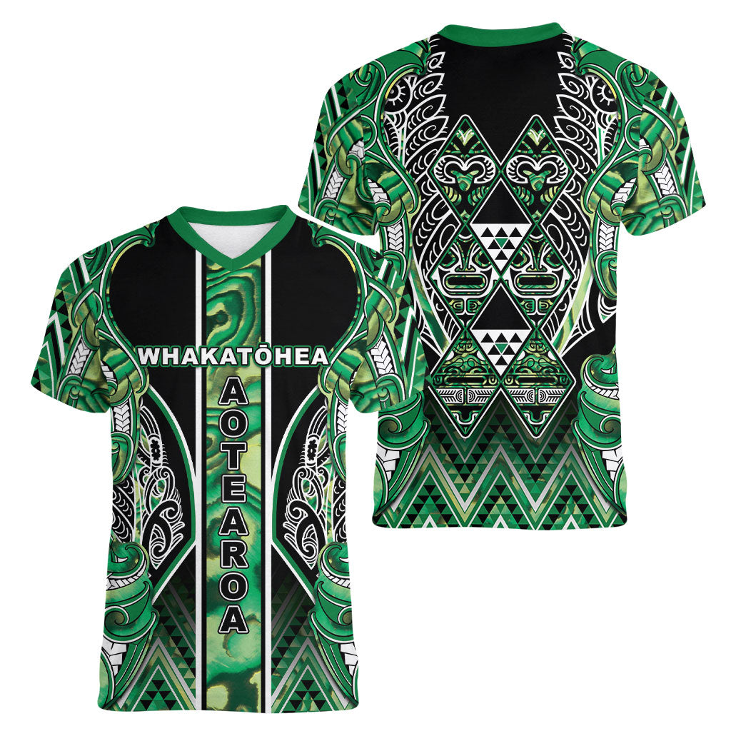 Aotearoa Whakatohea Women V-Neck T-Shirt Maori Tribal Green Abalone Paua Shell Pattern DT05 - Polynesian Pride