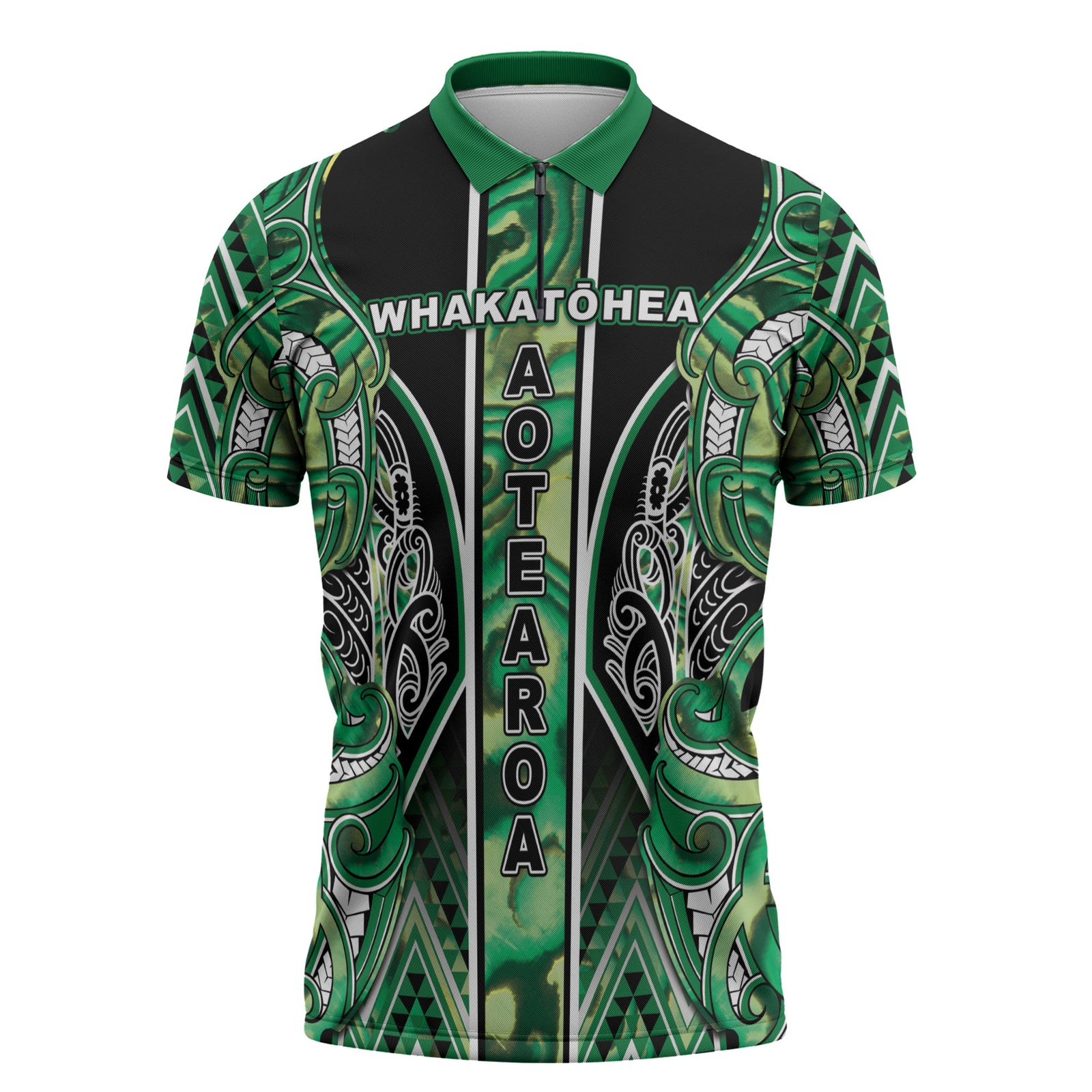 Aotearoa Whakatohea Zipper Polo Shirt Maori Tribal Green Abalone Paua Shell Pattern