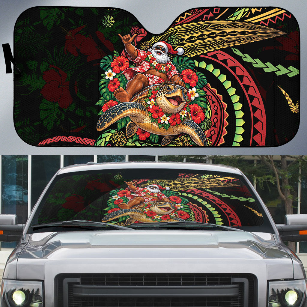 Hawaii Christmas Auto Sun Shade Aloha Santa Riding Honu DT05 Black - Polynesian Pride
