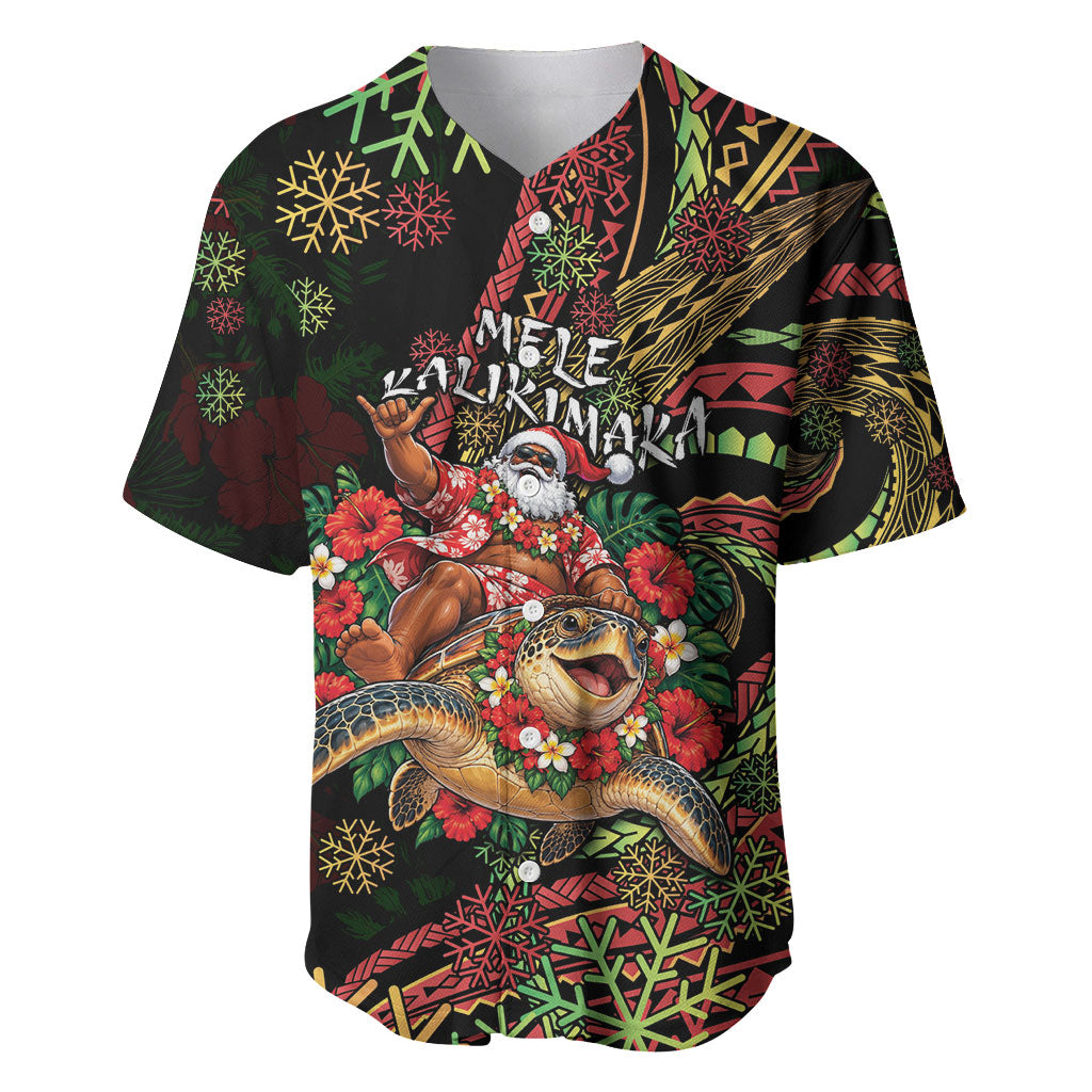 Hawaii Christmas Baseball Jersey Aloha Santa Riding Honu DT05 Black - Polynesian Pride