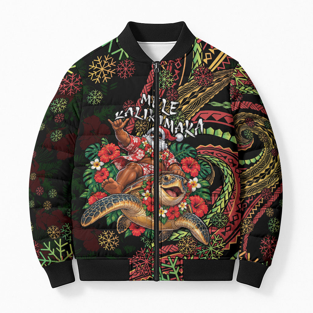 Hawaii Christmas Bomber Puffer Jacket Aloha Santa Riding Honu DT05 Unisex Black - Polynesian Pride