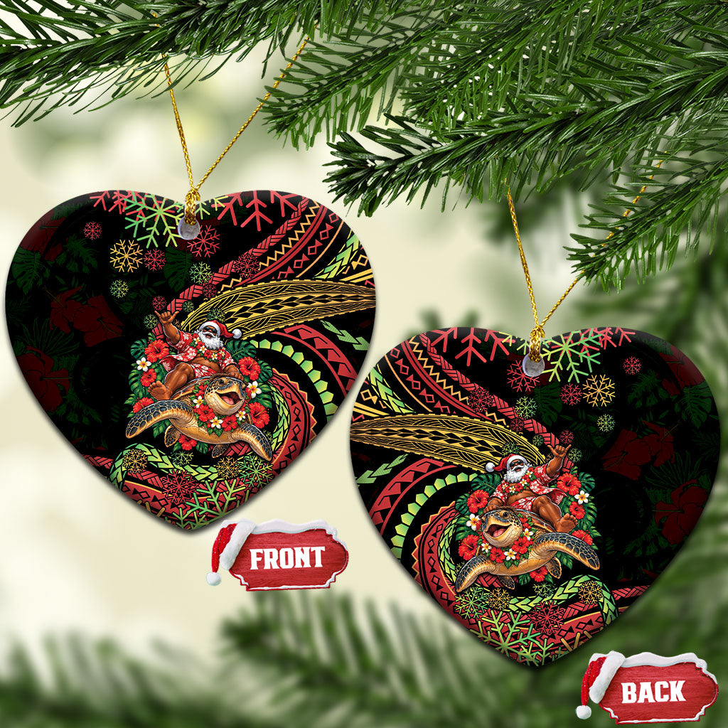 Hawaii Christmas Ceramic Ornament Aloha Santa Riding Honu DT05 Heart Black - Polynesian Pride