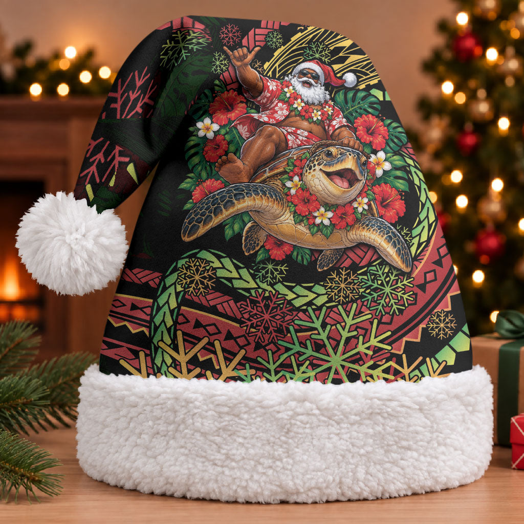 Hawaii Christmas Santa Hat Aloha Santa Riding Honu DT05 With Fur Black - Polynesian Pride