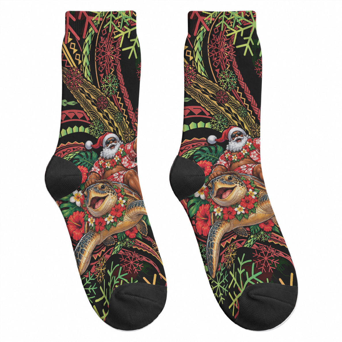 Hawaii Christmas Crew Socks Aloha Santa Riding Honu DT05 - Polynesian Pride
