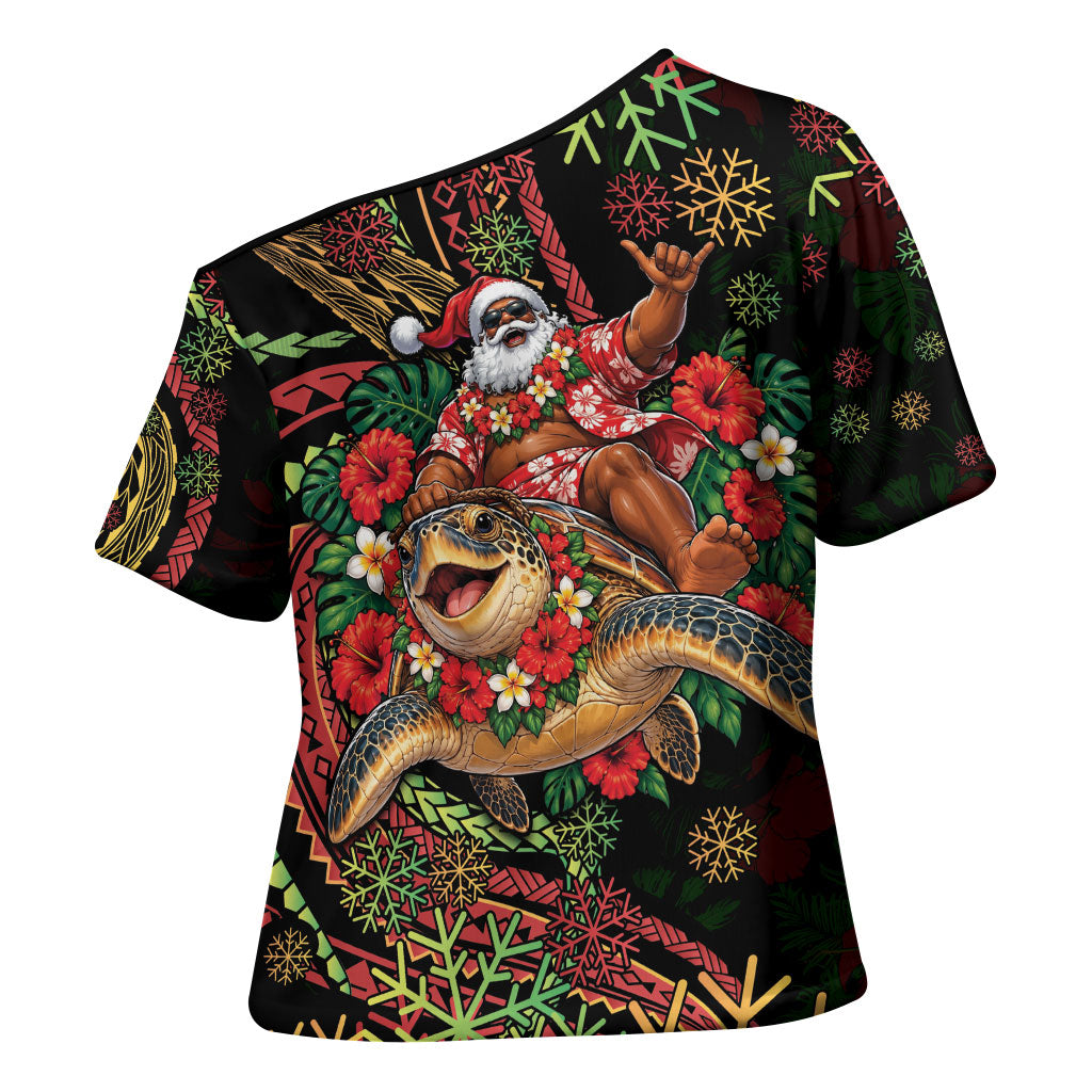 Hawaii Christmas Cross Shoulder Shirt Aloha Santa Riding Honu DT05 - Polynesian Pride