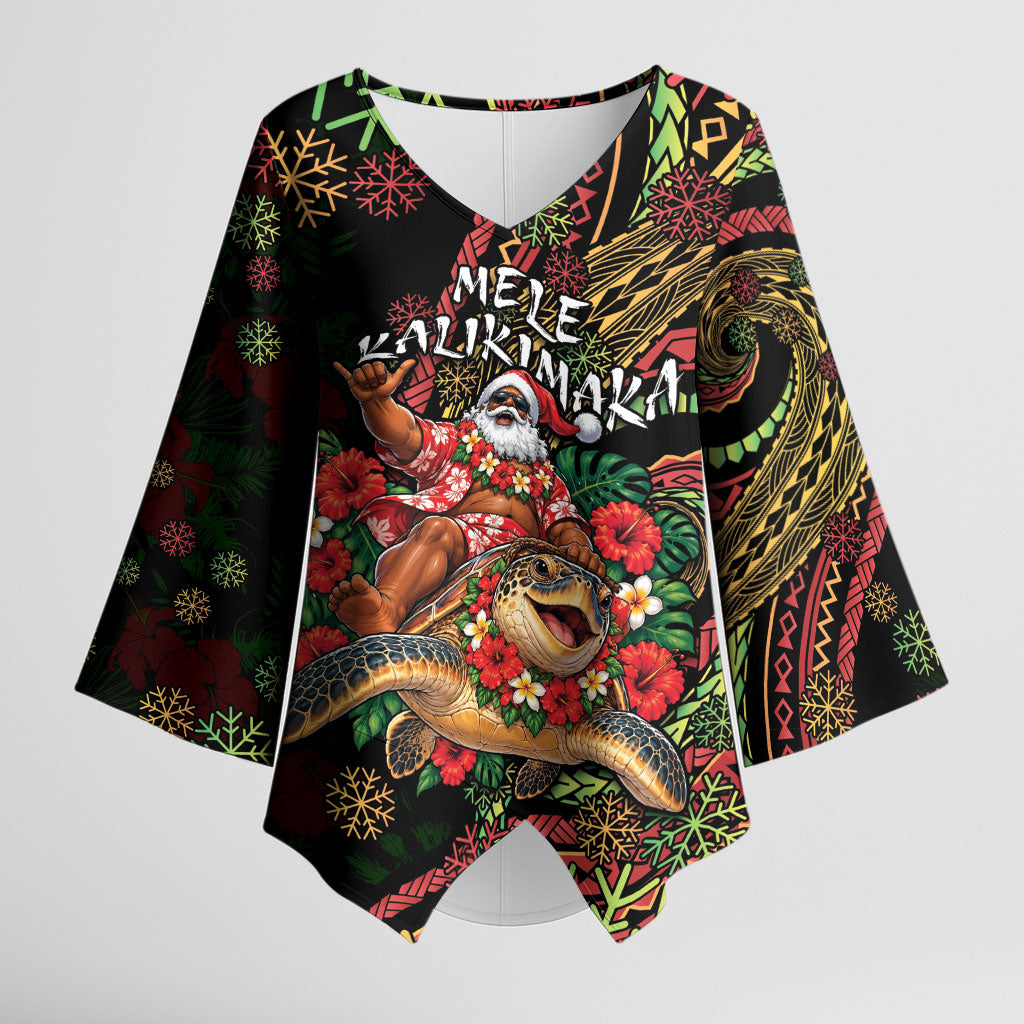 Hawaii Christmas Kimono Sleeve Blouse Aloha Santa Riding Honu DT05 Female Black - Polynesian Pride