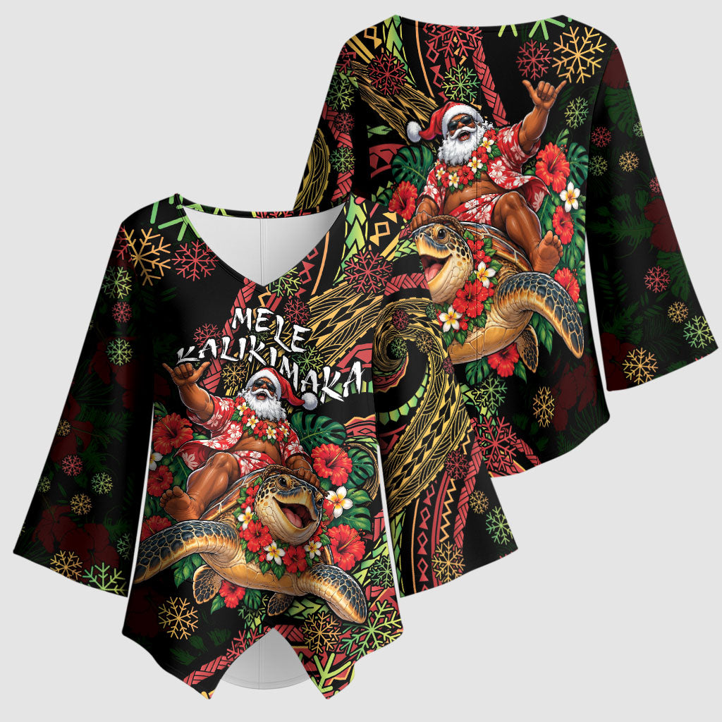 Hawaii Christmas Kimono Sleeve Blouse Aloha Santa Riding Honu DT05 - Polynesian Pride