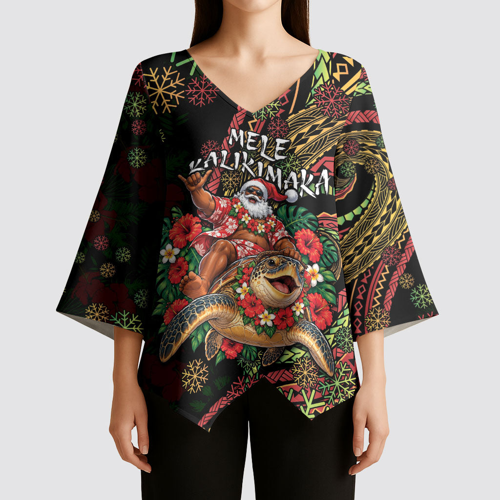 Hawaii Christmas Kimono Sleeve Blouse Aloha Santa Riding Honu DT05 - Polynesian Pride